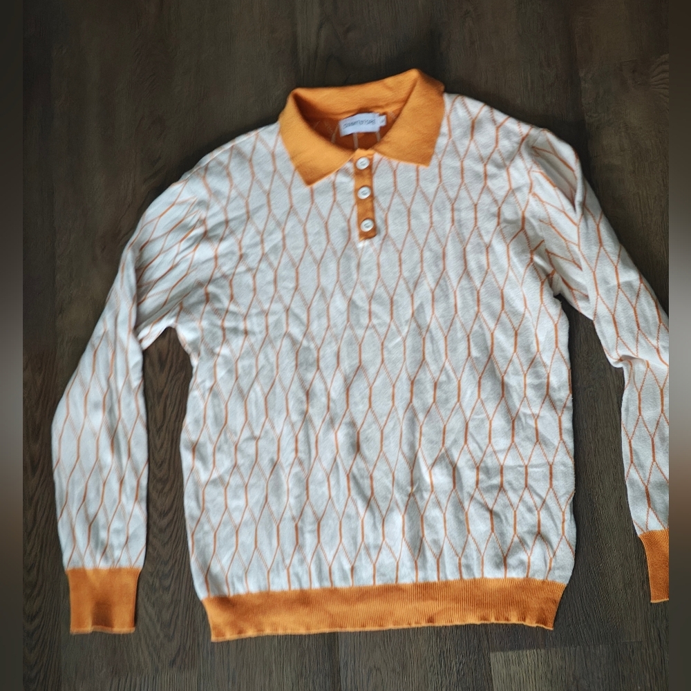 Oxknitstore Orange and Cream Long Sleeve Men's Collared Shirt Sz-med